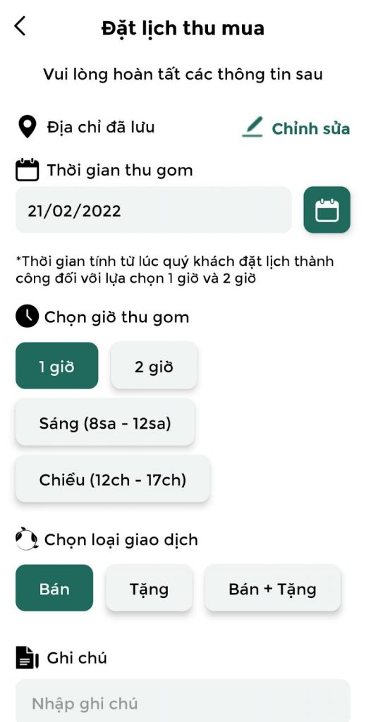 Hoàn chỉnh việc đặt lịch thu mua ve chai