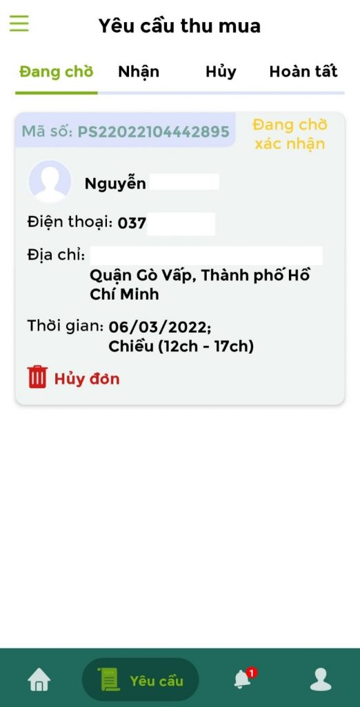 Mục yêu cầu của đặt lịch thu mua ve chai